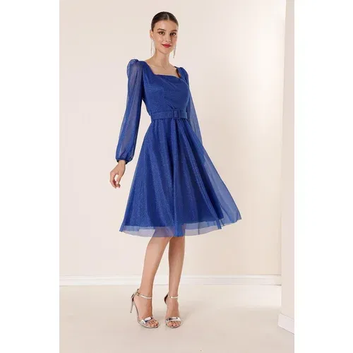 By Saygı Square Neck Belted Balloon Sleeves Lined Glittery Dress Saks.