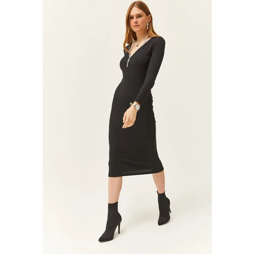 Olalook Women's Black V-Neck Zippered Thick Ribbed Midi Dress