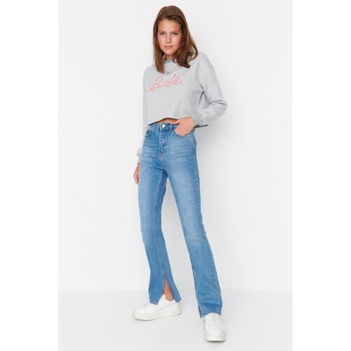 Trendyol Navy Blue Slit High Waist Slim Flare Jeans Slike