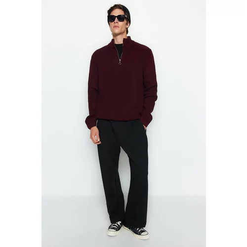 Trendyol Men's Burgundy Regular Fit Half Turtleneck Zippered Collar Sweater