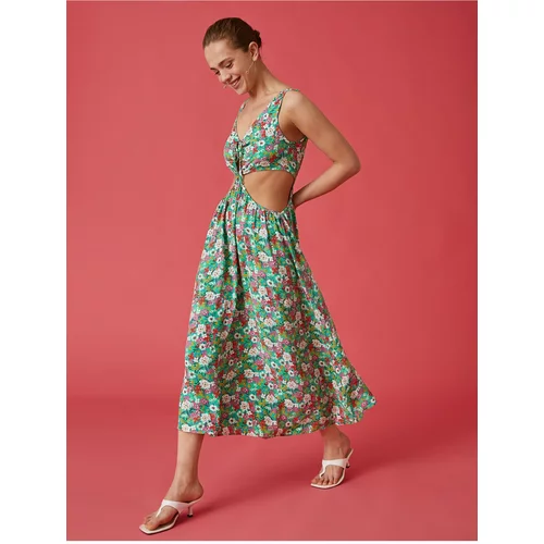 Koton Long Floral Dress with Thick Straps Window Detailed.
