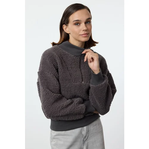 Trendyol Anthracite Zippered Oversize/Wide Fit Plush Thick Knitted Sweatshirt