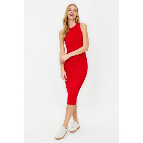 Trendyol Red Halter Neck Fitted Ribbed Flexible Midi Knitted Dress Slike