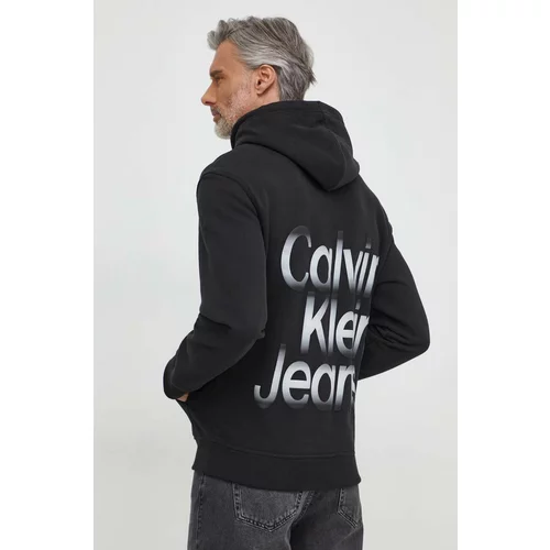 Calvin Klein Jeans Bombažen pulover moška, črna barva, s kapuco