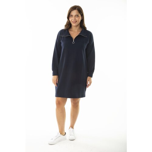 Şans Women's Plus Size Navy Blue Front Pat Zippered High Neck Sweatshirt Dress Cene