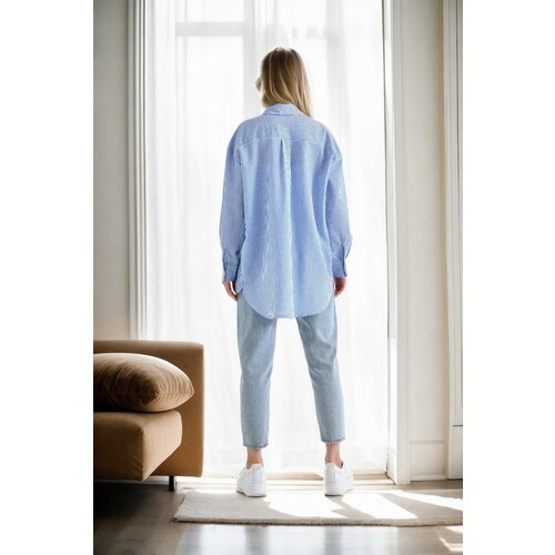 Dewberry 49999 Blue Wrinkled Detailed Striped Women Shirt-BLUE Cene