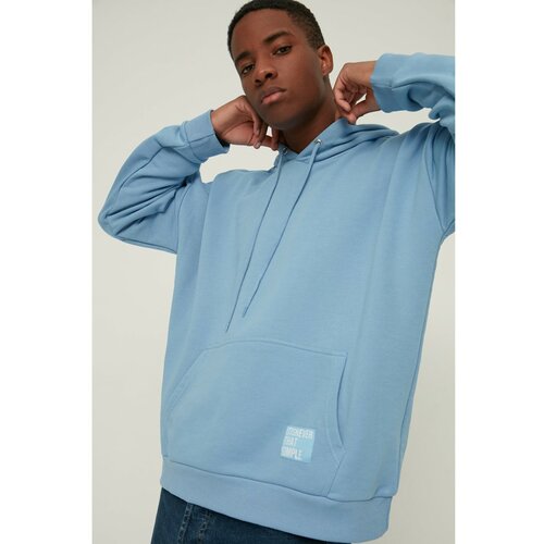 Trendyol Blue Men's Hoodie Oversize Slogan Label Sweatshirt Slike
