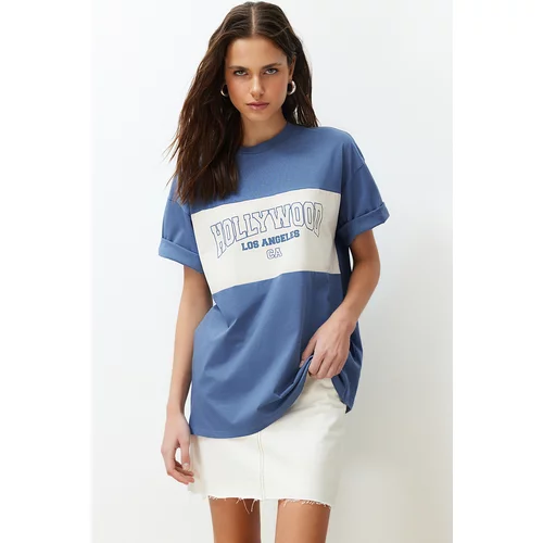 Trendyol Indigo Color Block City Print Oversize/Wide Fit Knitted T-Shirt