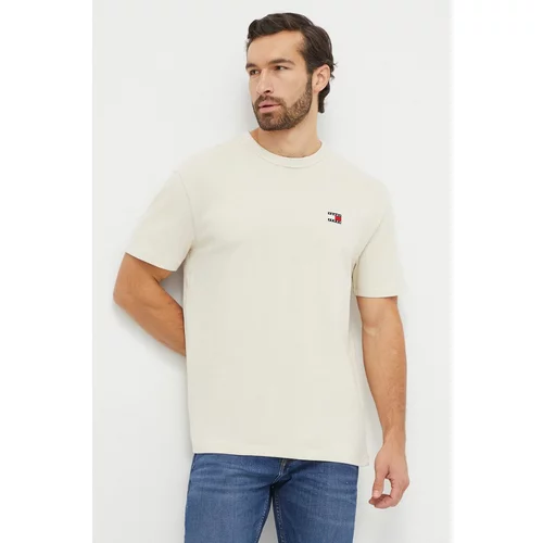 Tommy Jeans Pamučna majica za muškarce, boja: bež, s aplikacijom