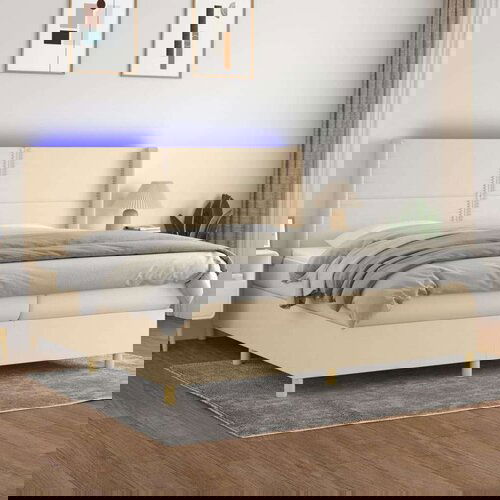  Krevet box spring s madracem LED krem 200x200 cm od tkanine Cijene