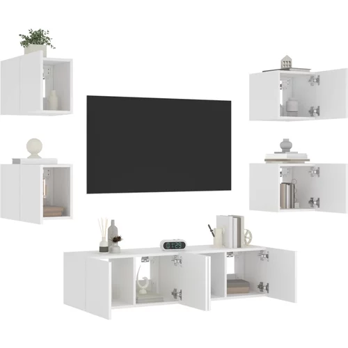  6-dijelni zidni TV elementi s LED svjetlima bijeli drveni