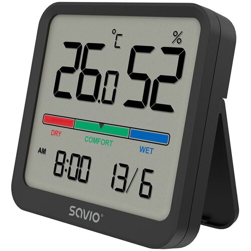 Savio Wireless weather station, temperature and humidity sensor, indoor use, LCD screen, clock, date, handle with magnet, CT-01 /B Black Cene