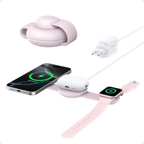 Anker MagGo Bežični 3u1 sklopivi punjač roze Cene