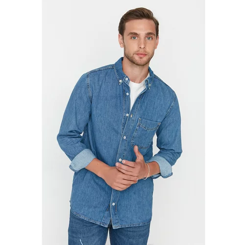 Trendyol Blue Men's Regular Fit Single Pocket Denim Shirt