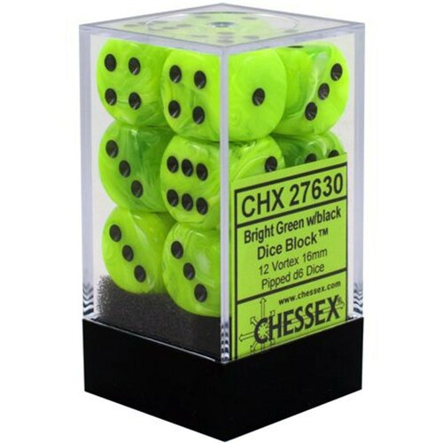 Chessex kockice - vortex - bright green & black - dice block 16mm (12) Cene