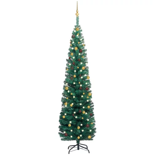 vidaXL Usko božićno drvce s LED svjetlima i kuglicama zeleno 210 cm