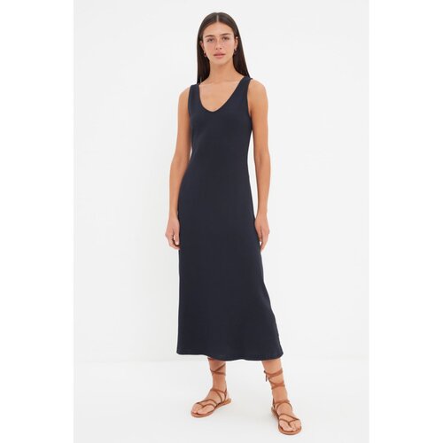 Trendyol Navy Blue Ribbed Maxi Knitted Dress Slike