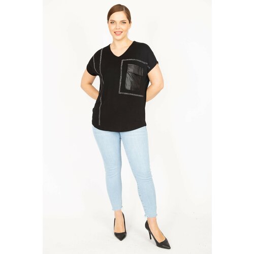 Şans women's black plus size stone and faux leather garnished low sleeve blouse Slike