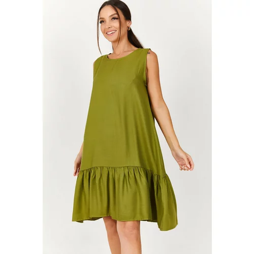 armonika Women's Oil Green Sleeveless Skirt with Ruffled Ruffle Dress