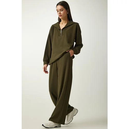 Happiness İstanbul Women's Khaki Ribbed Knitted Blouse Pants Suit