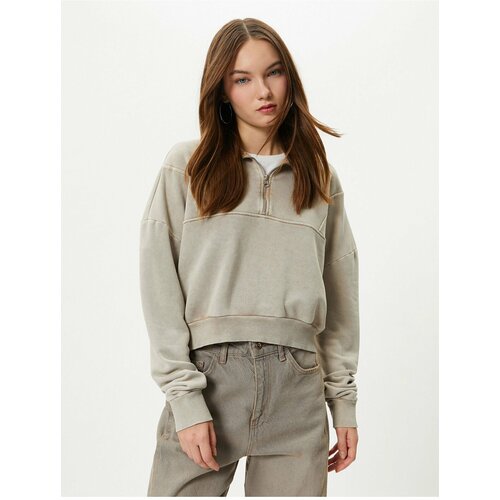Koton Crop Half Zipper Sweatshirt Stand Collar Faded Effect Cotton Blend Slike