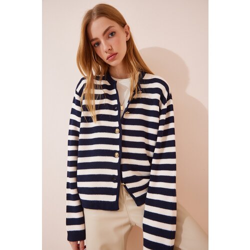  Women&amp;#039;s Ecru Navy Blue Striped Knitwear Cardigan with Waistcoat Slike