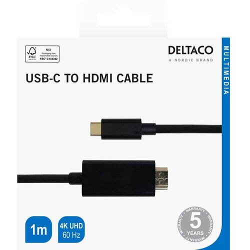 Deltaco Kabel USB-C na HDMI 4K UHD, Pozlaćen, 1m, Crni Slike