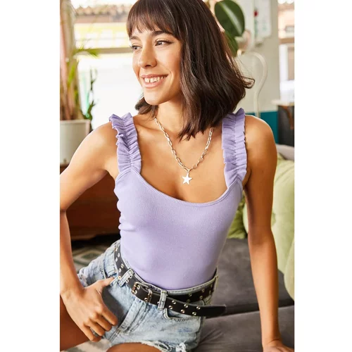 Olalook Women's Lilac Strap Frilly Lycra Camisole Blouse