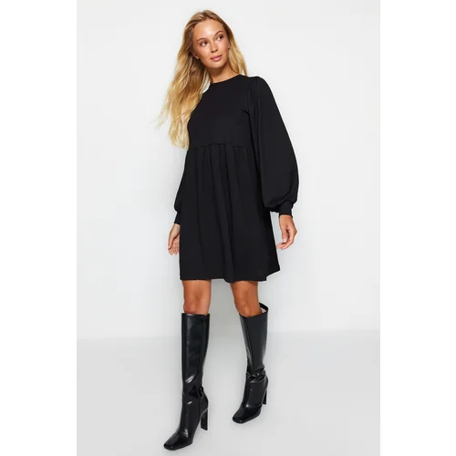 Trendyol Black Ruffle Skater/Water-Water Crepe/Textured Mini Knitted Dress