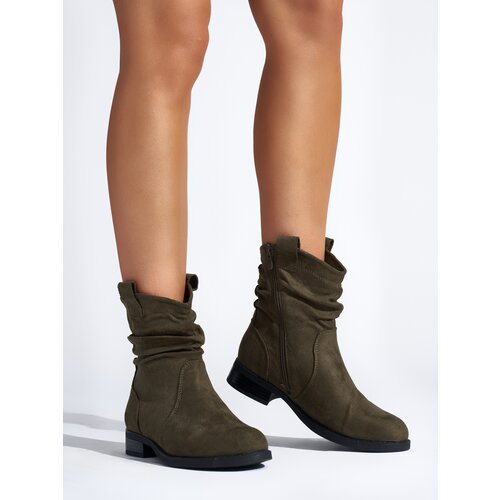 Shelvt Dark green ruffled suede ankle boots Slike