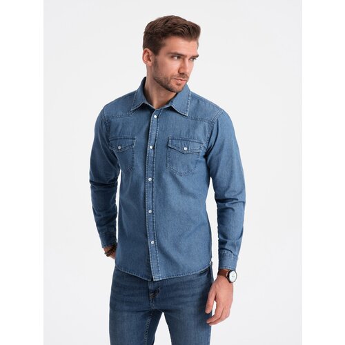 Ombre Men's denim snap shirt with pockets - blue Slike