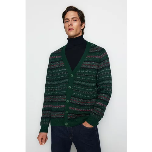 Trendyol Green Men's Slim Fit V-Neck Jacquard Knitwear Cardigan