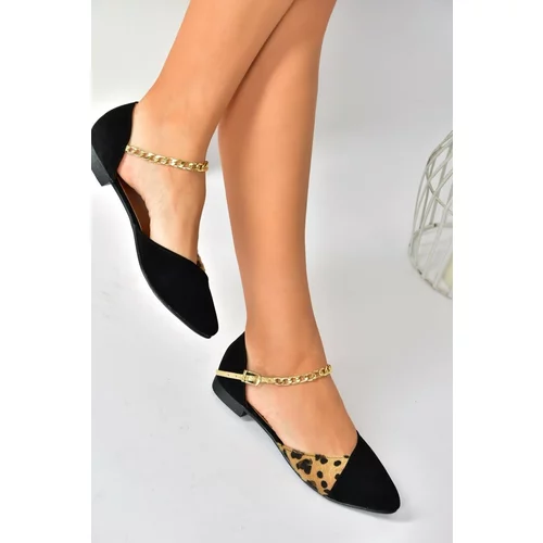 Fox Shoes Women's Black/Leopard Suede Flats with Chain Detail