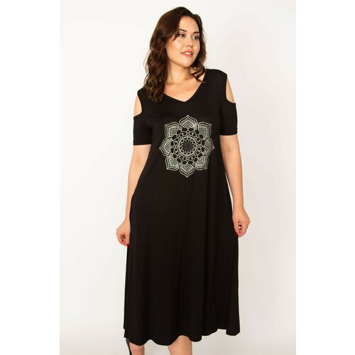 Şans Women's Plus Size Black Shoulder Open Back Detailed Stone Embroidered Viscose Dress Slike