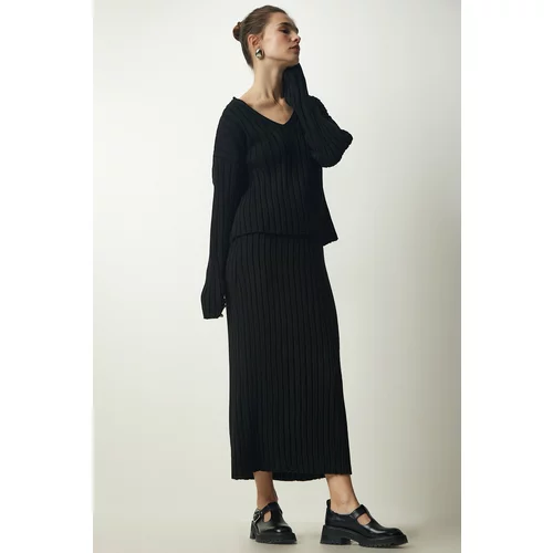 Happiness İstanbul Women's Black Ribbed Sweater Skirt Knitwear Suit