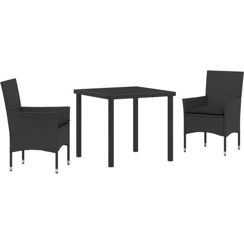 vidaXL 3-delni set za jedilnico na vrtu z blazinami črni poli ratan, vrtna miza črna 80x80x73 cm kaljeno steklo Cene