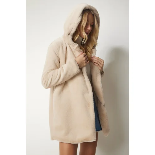  Women's Beige Hooded Oversized Shearling Plush Coat