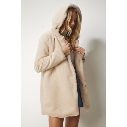  Women&amp;#039;s Beige Hooded Oversized Shearling Plush Coat Slike