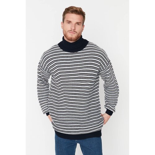 Trendyol Navy Blue Men's Oversize Fit Turtleneck Striped Knitwear Sweater Cene
