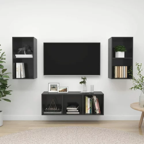 vidaXL Komplet TV omaric 3-delni visok sijaj siva iverna plošča, (20734470)
