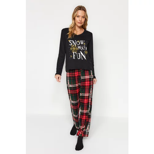 Trendyol Black Motto with Foil Print Tshirt-Pants and Knitted Pajamas Set