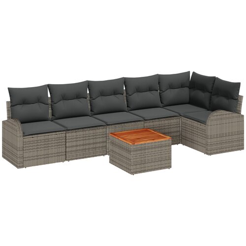 VidaXL 7-dijelni vrtni sofa set s jastučićima sivi poli ratan acacia, 2-sjedalo vrtni sofa s prostorom za pohranu i jastučićima sivi poli ratan Slike