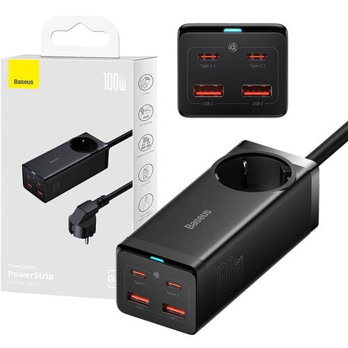 Baseus GaN3 pro stenski polnilec / napajalni trak 2xUSB 2xUSB-C ac, 100 w (črn) Cene