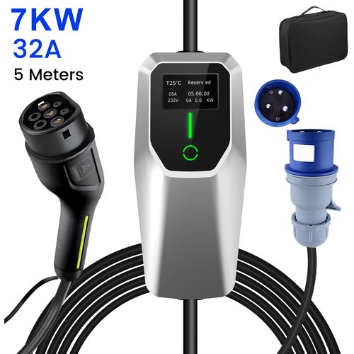 JUNSUN Tip 2 EV Polnilni Kabel za Električna Vozila – 1-Fazni 7KW, Nastavljiv Tok, Prenosni Polnilec 5M s CEE Vtičnico in Torbico (6/8/10/13/16/20/24/32A), (22127987) Cene