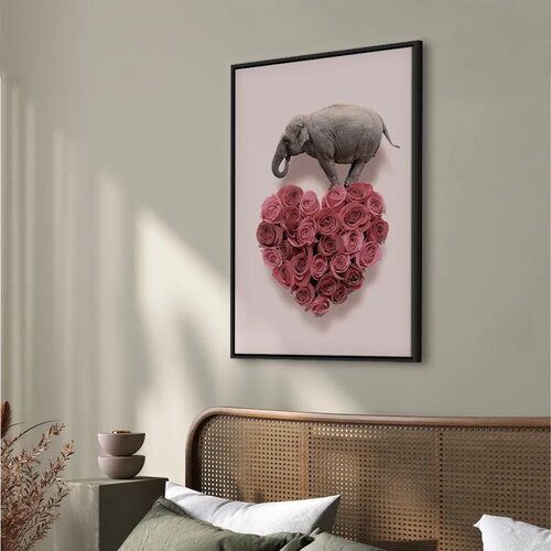  Slika - Elephant Lover (1-part) - Elephant Amid Pink Flowers 40x60 U crnom drvenom okviru Slike