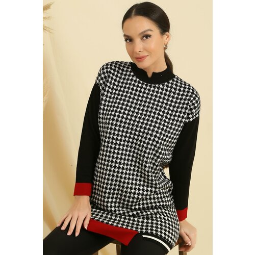 By Saygı Houndstooth Patterned Striped Sleeves and Hem Comfort Fit Knitwear Tunic Cene