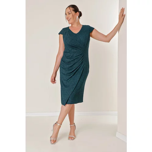 By Saygı Plus Size Lycra Glittery Dress With Draping and Moon Sleeves Lined
