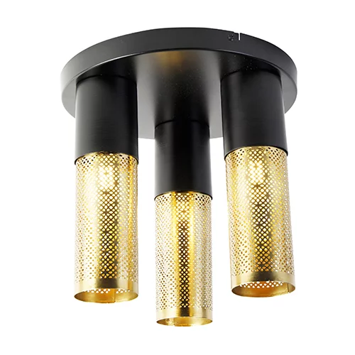 QAZQA Industrijska stropna svetilka črna z zlatimi okroglimi 3 lučkami - Raspi