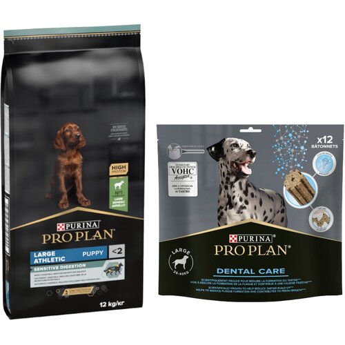  12 kg / 14 kg PURINA PRO PLAN + Dental Care grickalice gratis! - 12 kg Large Athletic Puppy Sensitive Digestion janjetina + 426 g Dental Care Large Dog Cijene