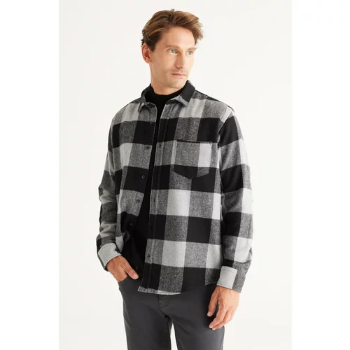 ALTINYILDIZ CLASSICS Men's Grey-black Comfort Fit Relaxed Cut Button Collar Plaid Patterned Flannel Shirt